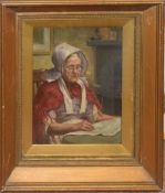 J F Jones, Interior scene with lady seated at a table, oil on canvas, signed and dated 88 lower