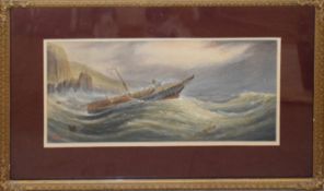 C P Williams, Ship dragging anchor, watercolour, signed and dated 1874 lower left, 21 x 49cm
