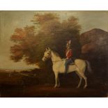 English School (20th century), Soldier on horseback in landscape, oil on board, 58 x 68cm, unframed