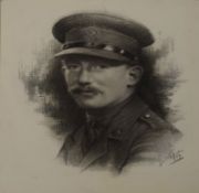 English School (20th century), Portrait of a soldier, charcoal drawing, indistinctly signed and