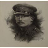 English School (20th century), Portrait of a soldier, charcoal drawing, indistinctly signed and