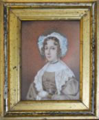 English School (19th century), Portrait of a lady in bonnet, watercolour on ivory, 12 x 9cm