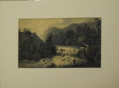 English School (19th century), River landscape with angler, watercolour, 17 x 27cm, mounted but