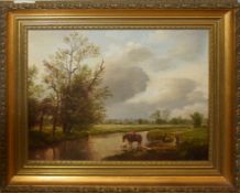 John Mace, River landscape with figures and horse, oil on board, monogrammed lower left, 23 x 32cm