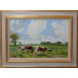 Alistair Kilburn (contemporary), "English Longhorns at pasture", oil on board, signed lower left and