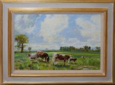 Alistair Kilburn (contemporary), "English Longhorns at pasture", oil on board, signed lower left and