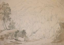 Circle of Edward Lear, Mountain landscape, pen, ink and wash, indistinctly inscribed with title