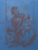 Esther Borough Johnson, Mother and children, sepia pastel on blue paper, signed lower right, 31 x