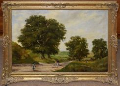 Robert Mallett, Country landscape with figures in a lane, oil on canvas, signed lower left, 49 x