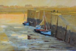 Alistair Kilburn (contemporary), "Shrimp boats at low tide (Honfleur)", oil on board, signed lower