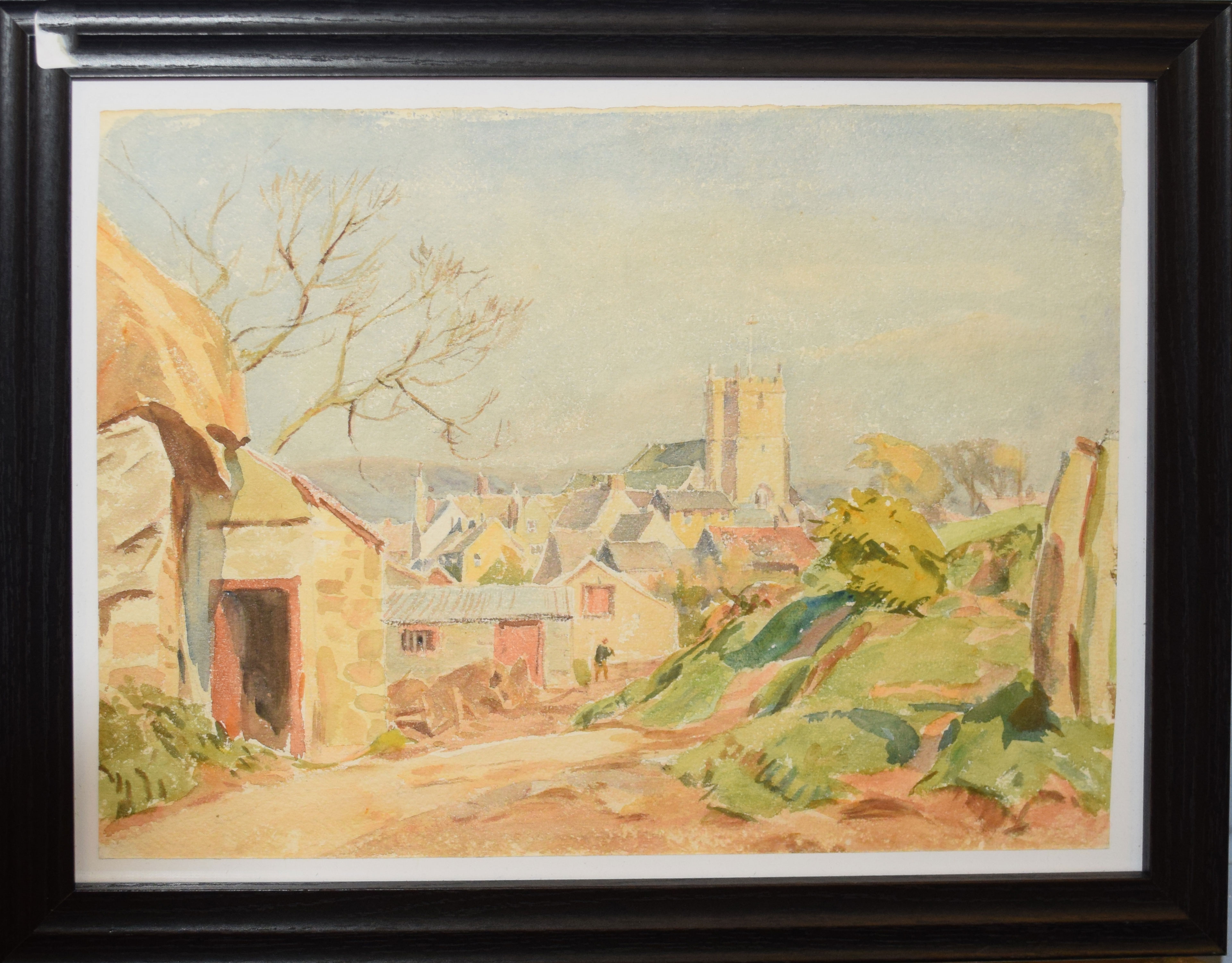 A Russell, Street Scene, watercolour, signed lower right, 26 x 38cm, together with a further