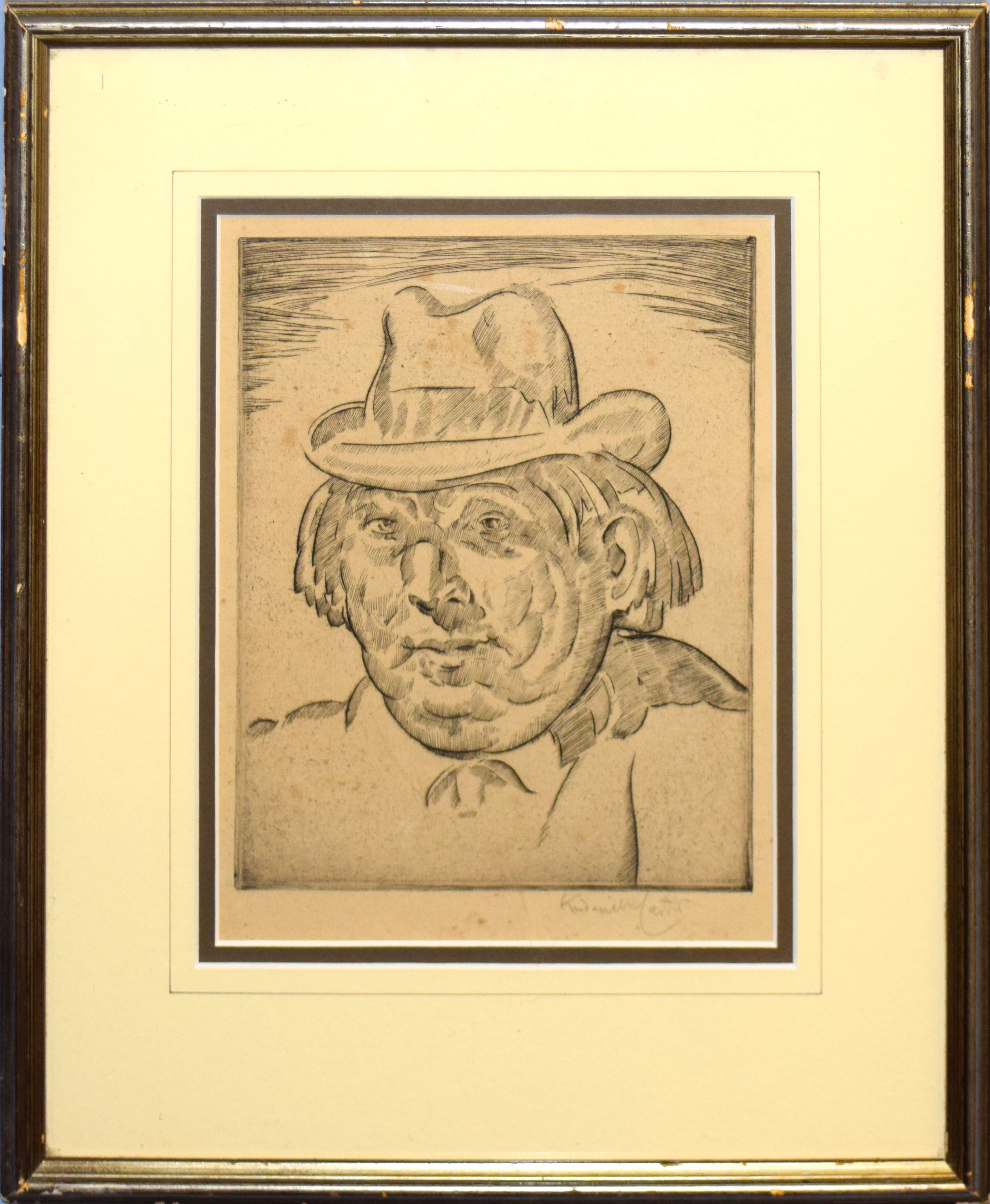 Frederick Carter, self portrait, black and white etching, signed in pencil to lower margin, 21 x