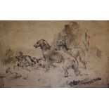 In the manner of George Morland, Figure with dogs, pen, ink and wash, 23 x 34cm, unframed