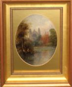 J W Hamilton Marr, Castle from the river, oil on panel, signed lower left, 18 x 16cm, oval