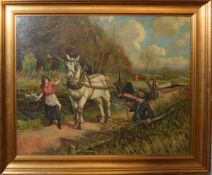 Leon Packwood, Horse pulling a canal boat, oil on canvas, signed and dated 1924 lower right, 40 x