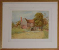 Fred Stratton, Geese being driven past a cottage, signed lower left, 22 x 29cm