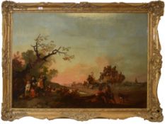 English School (18/19th Century),Landscape with figures and stage coach, oil over print base on