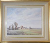 Winifred Mueller, "The Fen Farm" and "March Day", two oils on board, both signed, 18 x 23cm (2)
