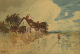 Harry Woods, Figure in a lane by a cottage, watercolour, signed lower left, 26 x 36cm