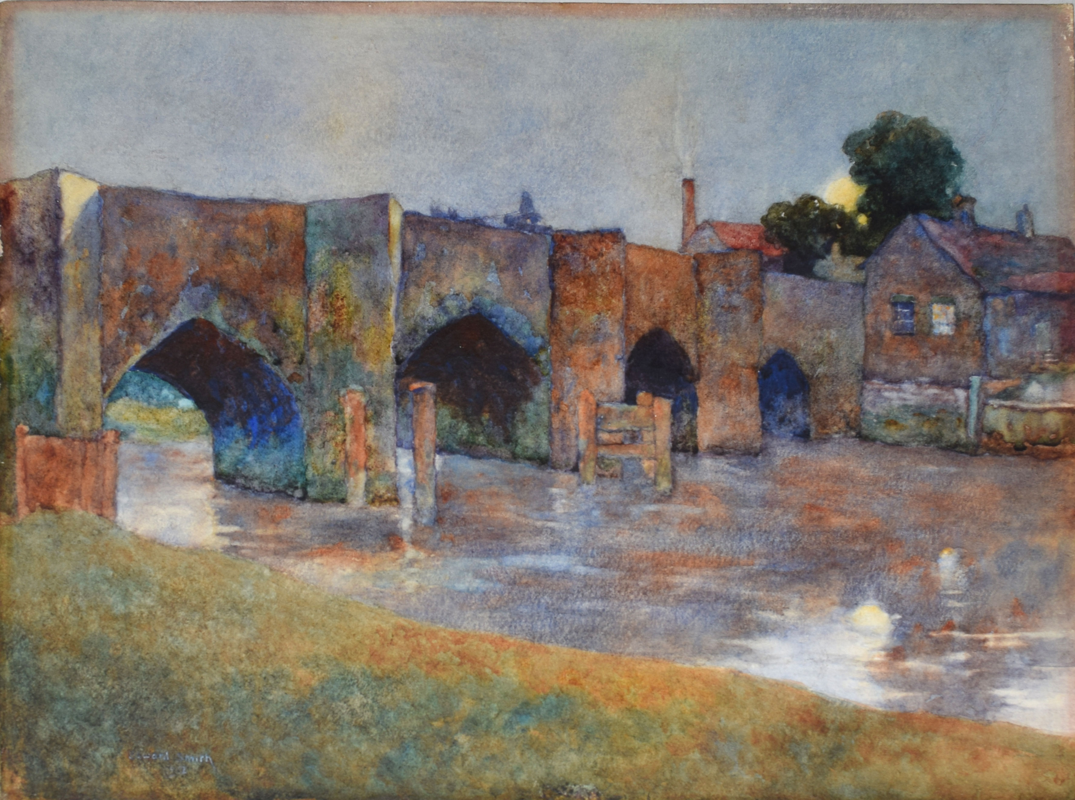 Edward Smith, "Moonrise, Old Bridge, Tewkesbury", watercolour, signed lower left and inscribed