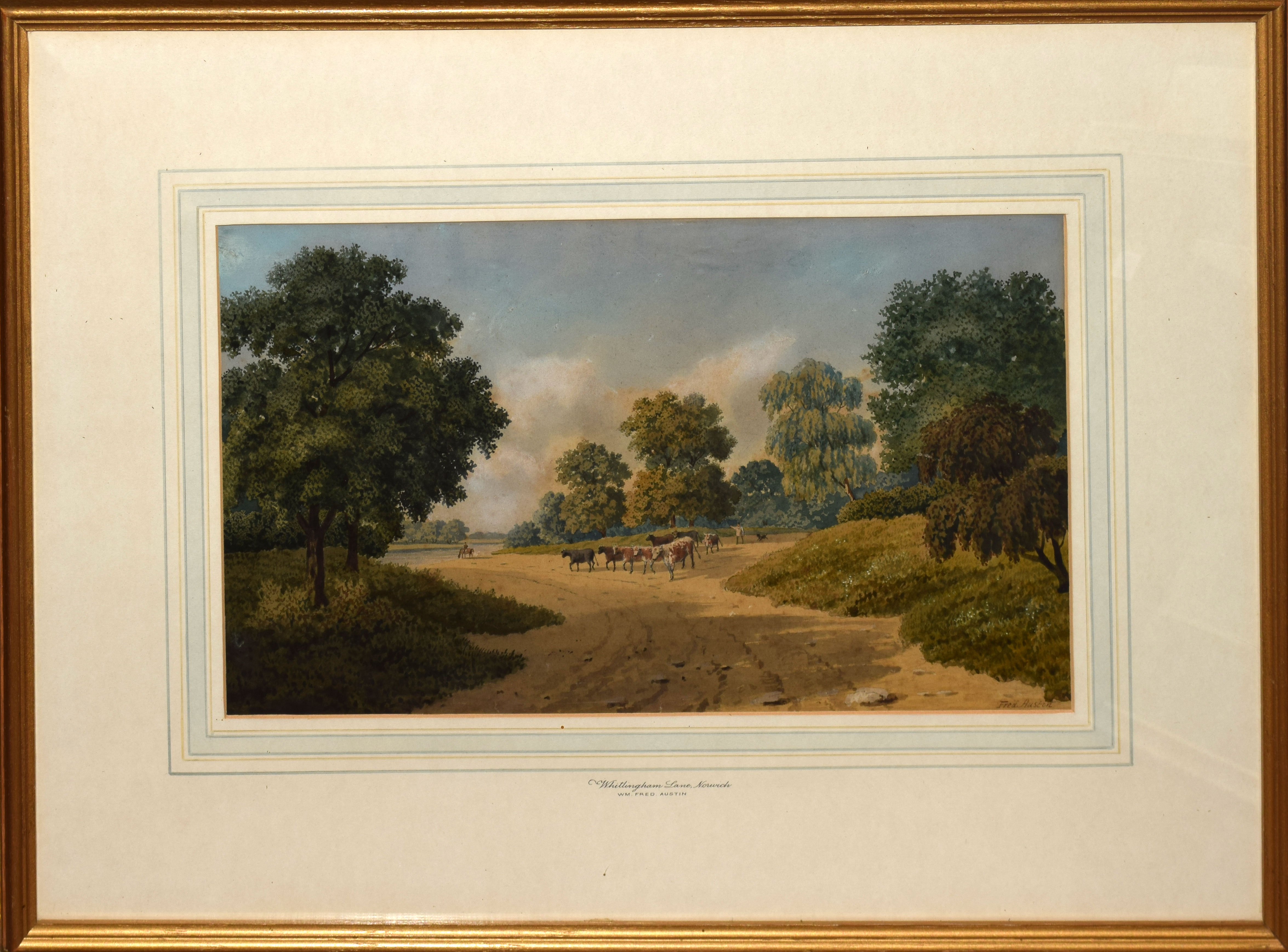 William Frederick Austin, "Whitlingham Lane, Norwich", watercolour, signed lower right, 27 x 44cm