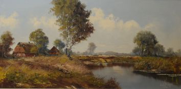 Continental School (20th century), River landscape, oil on canvas, indistinctly signed lower