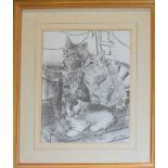 English School (20th century), Kittens, pencil drawing, 37 x 29cm