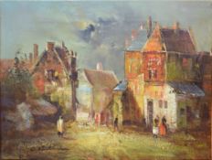 Dutch School (20th century), Street scene with figures, oil on canvas, indistinctly signed lower