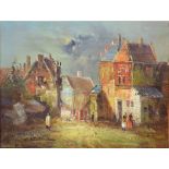 Dutch School (20th century), Street scene with figures, oil on canvas, indistinctly signed lower