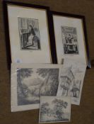 Five assorted pictures to include two 19th century English School drawings, assorted sizes (5)