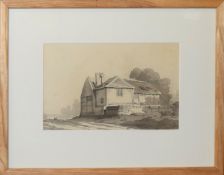 John Varley, Landscape with cottage, sepia watercolour, signed lower right, 14 x 22cm