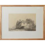 John Varley, Landscape with cottage, sepia watercolour, signed lower right, 14 x 22cm