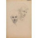 English School (20th century), Portrait of two ladies, pencil drawing, indistinctly inscribed