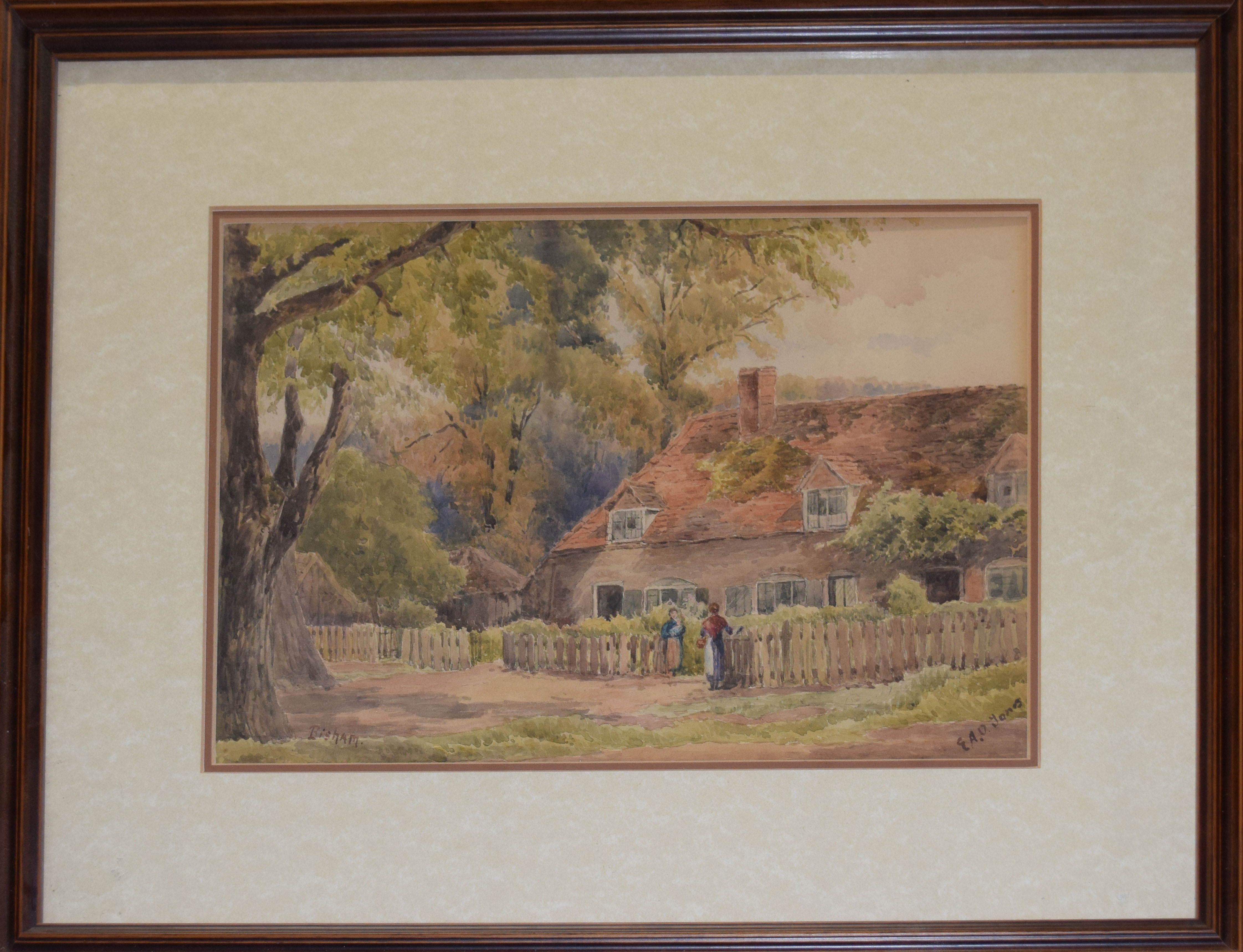 E A Jones, Cottage at Bisham, watercolour, signed and inscribed "Bisham", 23 x 34cm