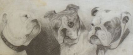 E P, "Faith, Hope and Charity (3 bulldogs)", pencil drawing, initialled lower right, 24 x 59cm