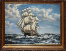 Attributed to A D Bell, Ship in full sail, oil on panel, 28 x 40cm