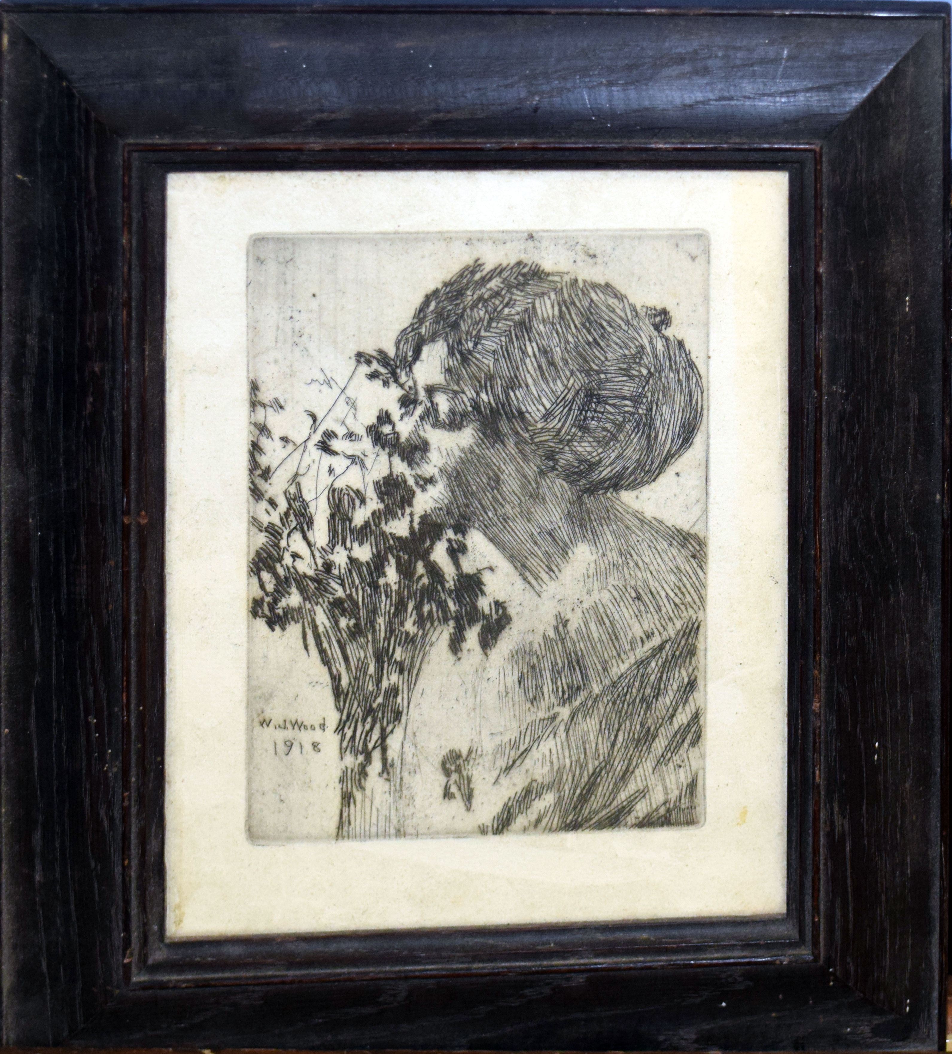 After William John Wood, Lady with flowers, black and white etching, 17 x 13cm