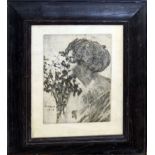 After William John Wood, Lady with flowers, black and white etching, 17 x 13cm