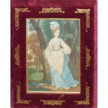 After Gainsborough, Lady in woodland, coloured print, 41 x 28cm, in cushioned velvet frame