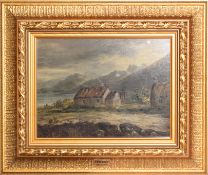 J Docharty, Scottish scene with cottages, oil on canvas, signed lower left, 21 x 28cm