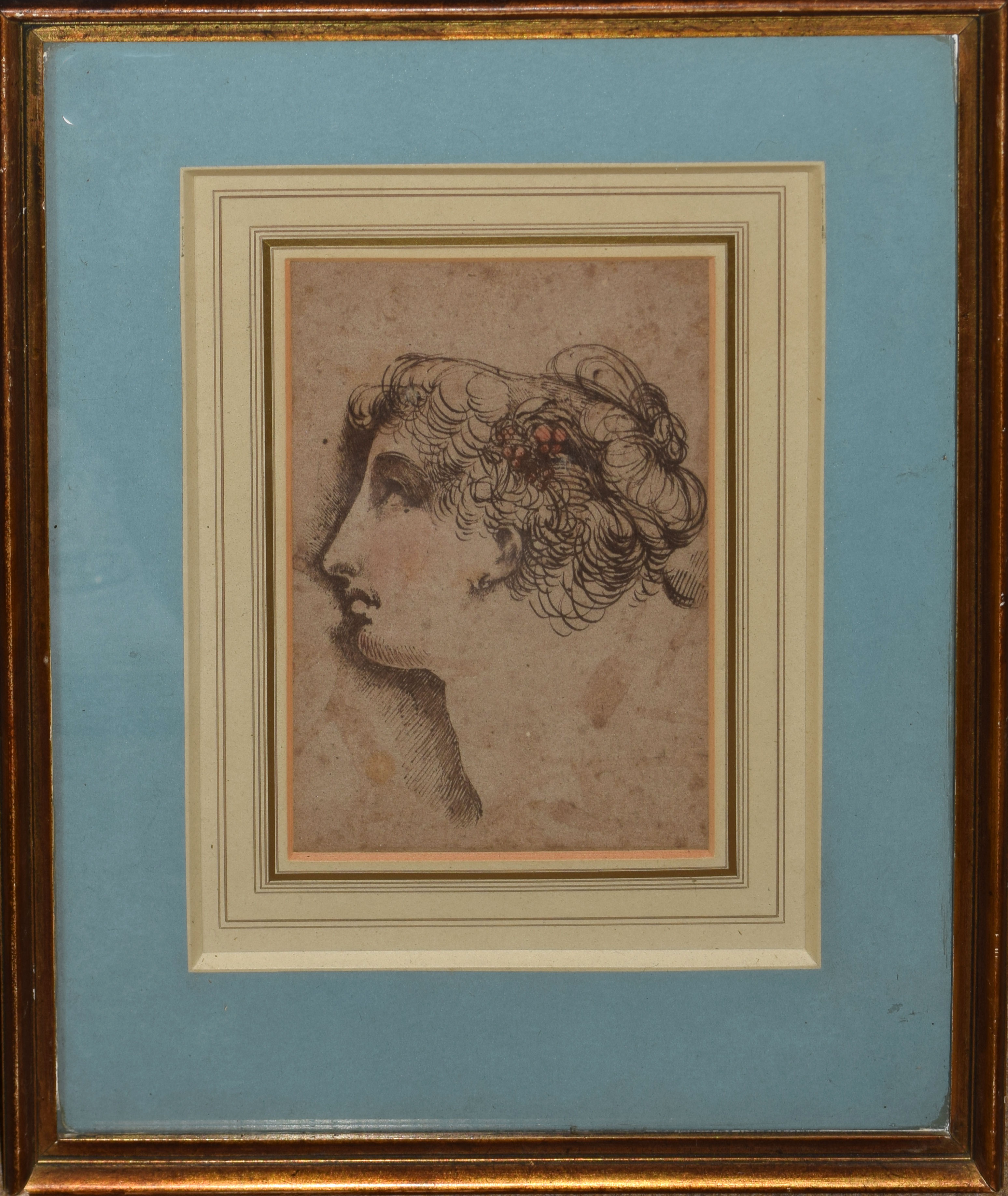 Attributed to G B Cipriani, Head study, pen and ink drawing, 19 x 13cm