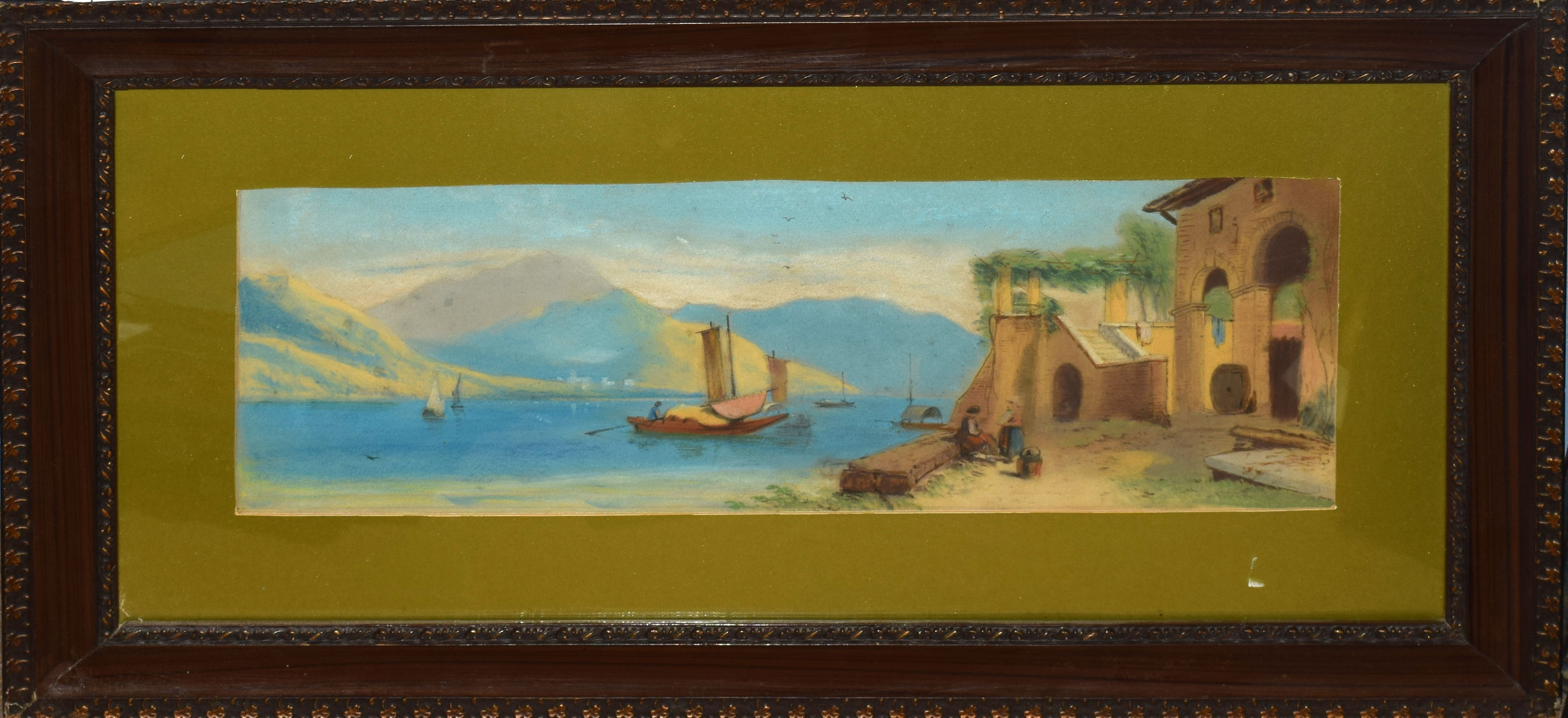 Continental School (19th century), Italianate lake scene, watercolour, 16 x 46cm