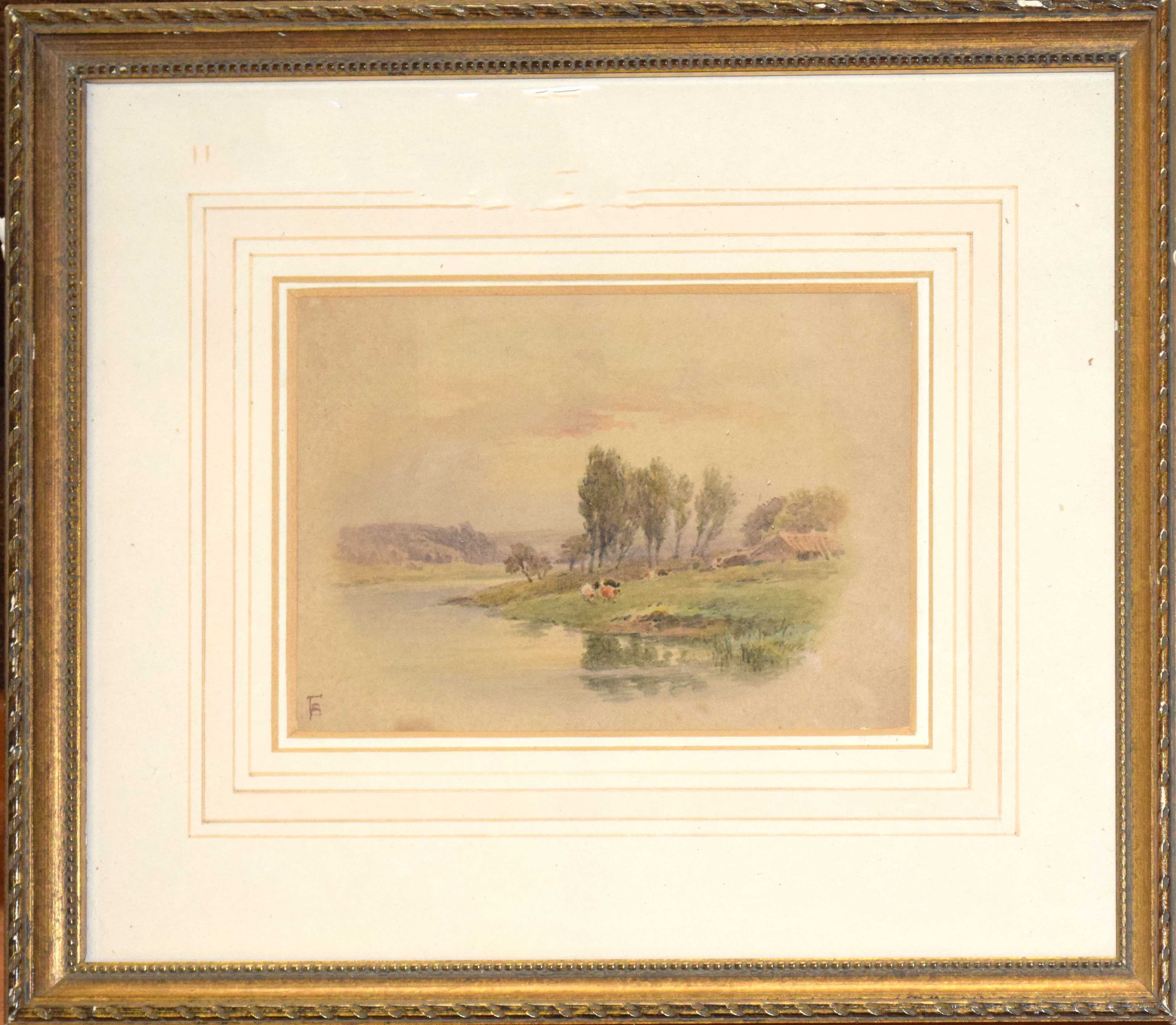 Myles Burkett Foster, River landscape, watercolour, monogrammed lower left, 9 x 13cm
