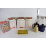 BOX OF VARIOUS KITCHEN WARES INCLUDING SET OF HORNSEA CANISTERS, WILLS GOLD FLAKE TIN ETC