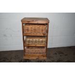 PINE STORAGE UNIT WITH WICKER BASKET DRAWERS, WIDTH APPROX 55CM