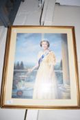 FRAMED PRINT AFTER MACGREGOR, HM QUEEN ELIZABETH II, FRAME WIDTH APPROX 55CM