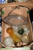 BOX OF VARIOUS INCLUDING PLATED BON-BON DISH, GLASS WARE ETC