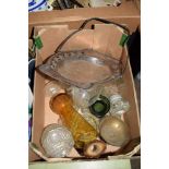 BOX OF VARIOUS INCLUDING PLATED BON-BON DISH, GLASS WARE ETC