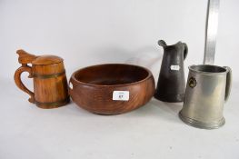 WOODEN FRUIT BOWL COMPLETE WITH PEWTER TANKARD AND WOODEN TANKARD
