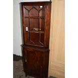 MAHOGANY CORNER DISPLAY CABINET, WIDTH APPROX 60CM MAX